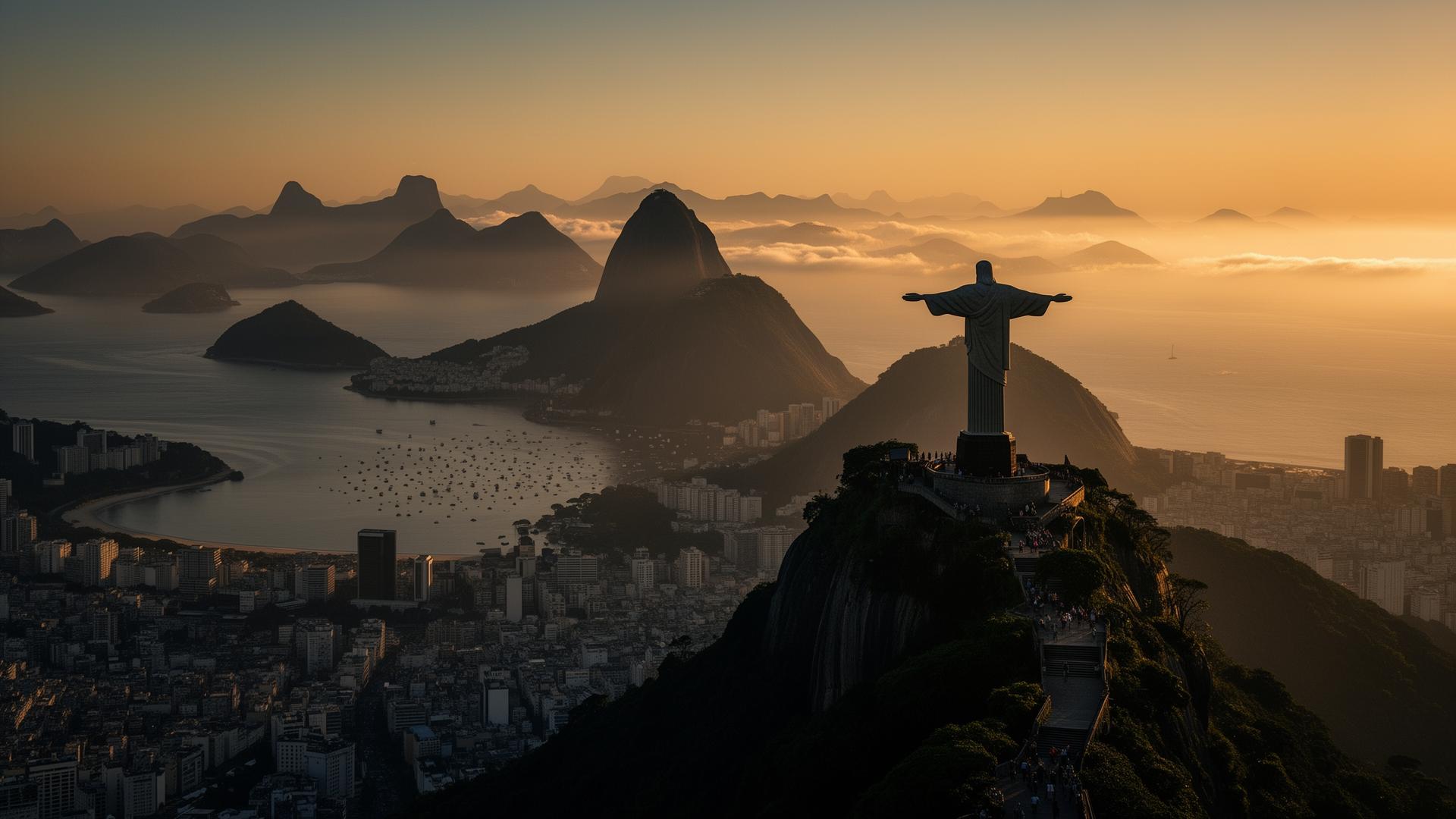 Atardecer dorado sobre Río de Janeiro con vista al Cristo Redentor y al Pão de Açúcar — tour privado a medida